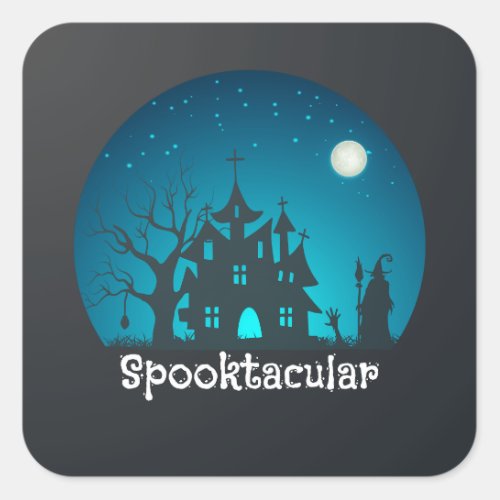 Spooktacular Blue and Black Haunted House Square Sticker