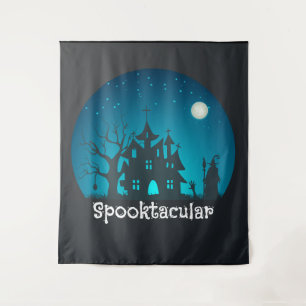 Spooktacular Blue and Black Haunted House Tapestry