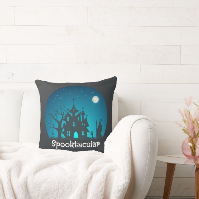 Spooktacular Blue and Black Haunted House Throw Pillow (Couch)