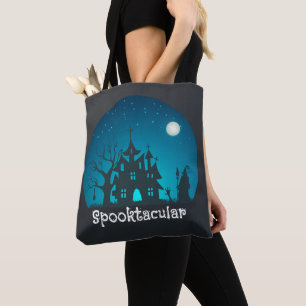 Spooktacular Blue and Black Haunted House Tote Bag