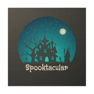 Spooktacular Blue and Black Haunted House Wood Wall Art