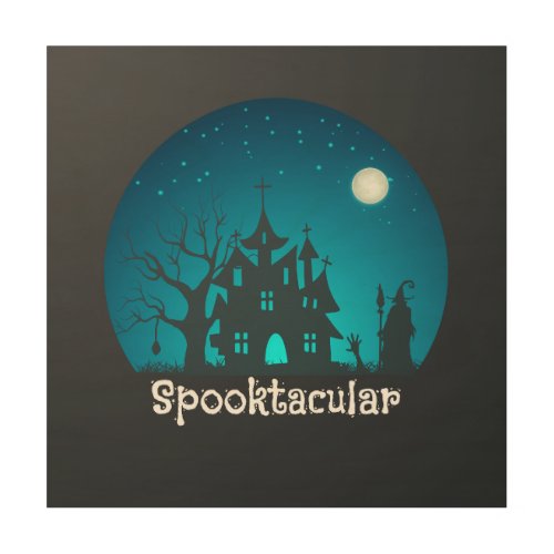 Spooktacular Blue and Black Haunted House Wood Wall Art