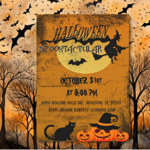 Spooktacular Cat and Witch Halloween Party Invitation