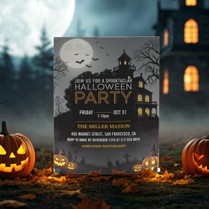 Spooktacular Dark Haunted House Halloween Party Invitation