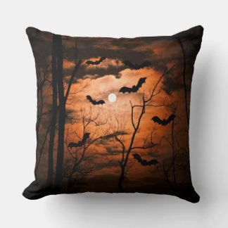 Spooktacular Full Moon, Forest and Bats Throw Pillow