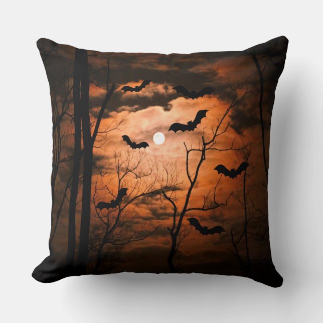 Spooktacular Full Moon, Forest and Bats   Throw Pillow (Front)