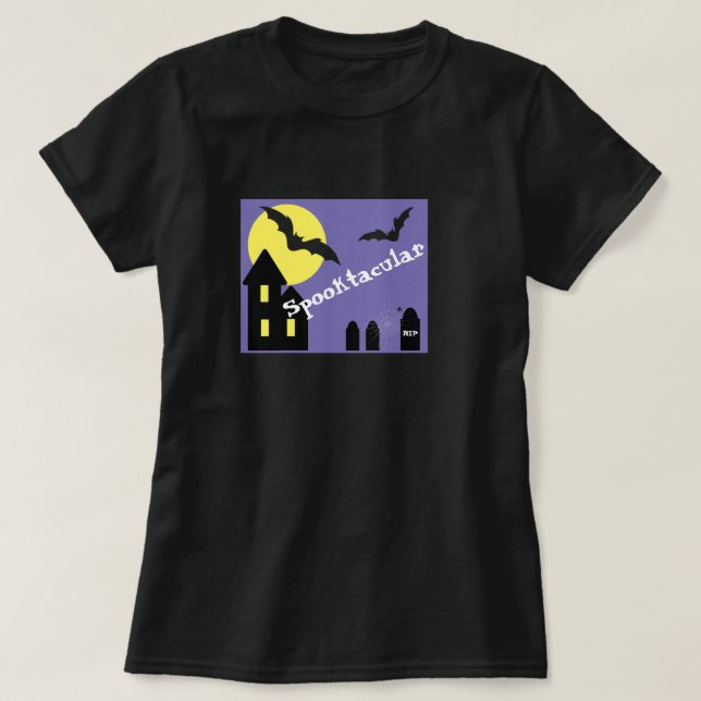 Spooktacular Halloween House with Bats T-Shirt (Design Front)