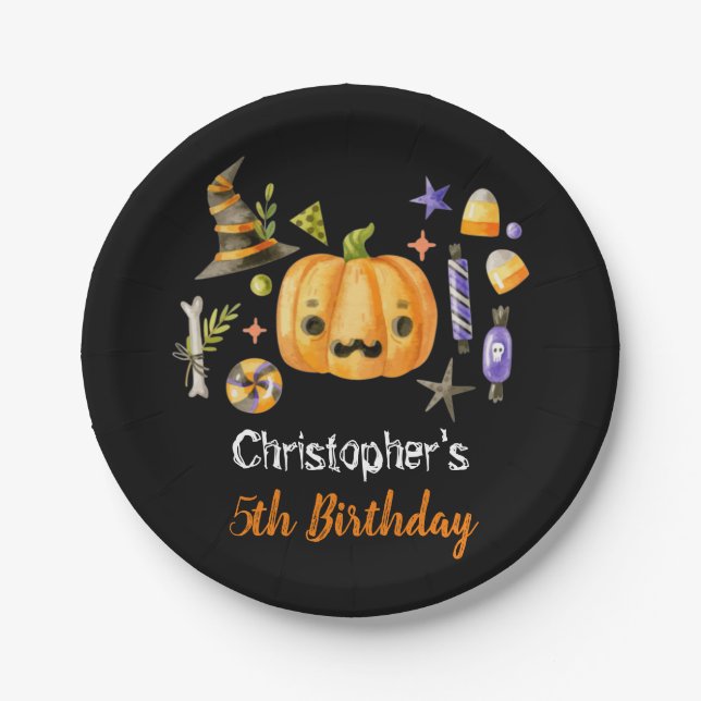 Spooktacular Halloween Kids Birthday Party Black Paper Plates (Front)