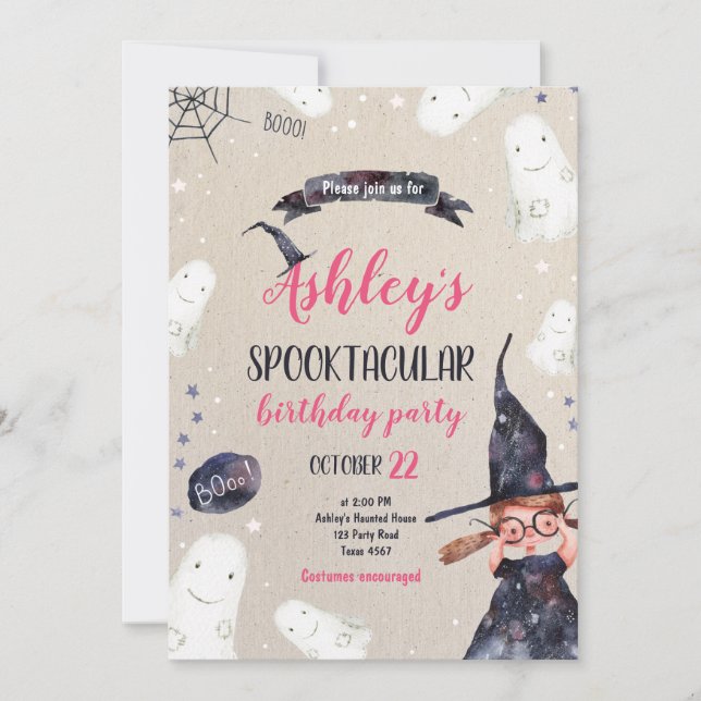 Spooktacular Halloween Witch Hat Ghost Birthday Invitation (Front)