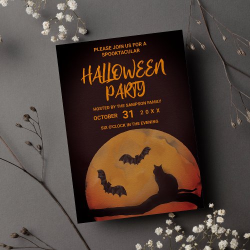 Spooktacular Orange Black Cat Bats Moon Halloween  Invitation