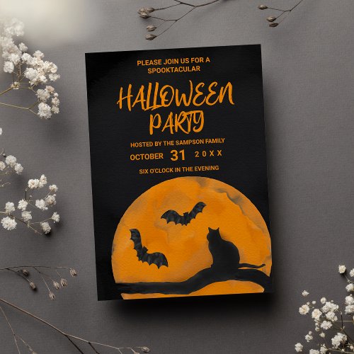 Spooktacular Orange Black Cat Bats Moon Halloween Invitation