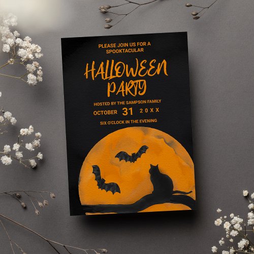 Spooktacular Orange Black Cat Bats Moon Halloween Invitation Postcard