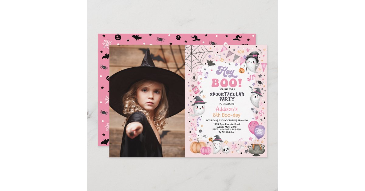 Spooktacular Pink Ghost Halloween Birthday Girl Invitation | Zazzle