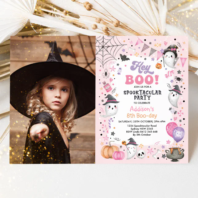 Spooktacular Pink Ghost Halloween Birthday Girl Invitation | Zazzle