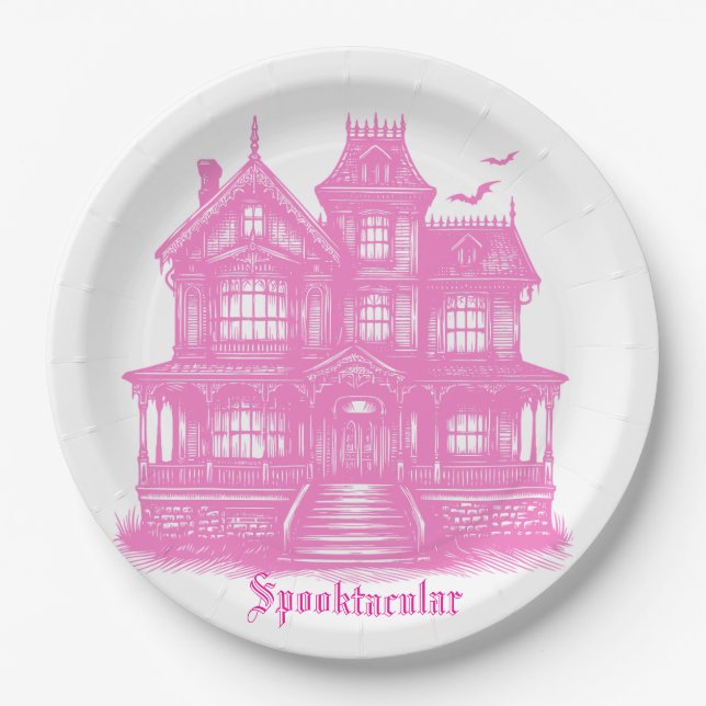 Spooktacular Pink Haunted House Halloween Paper Plates (Front)