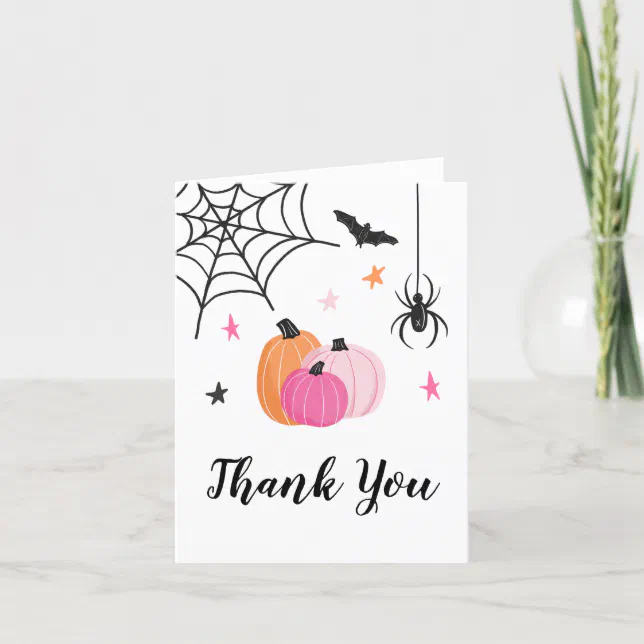 Spooktacular Pink Pumpkins Birthday Thank You Card | Zazzle