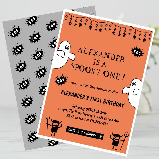 Spooktacular Spooky one Halloween 1st birthday Invitation (Halloween-1st-birthday-Invitation-Spooktacular-Spooky-one-orange-1)