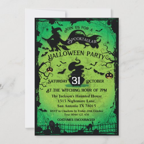 Spooktacular Witch and Bats Halloween Invitation