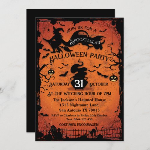 Spooktacular Witch and Bats Halloween Invitation