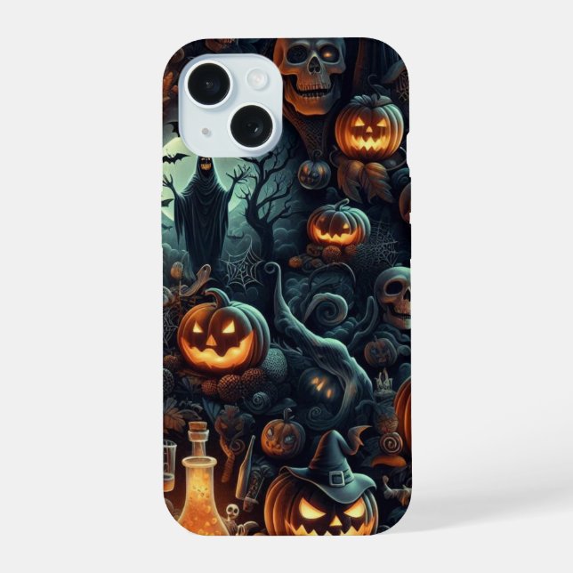 Spooky 3D Halloween, Bats, Skulls, Pumpkins iPhone 15 Case (Back)