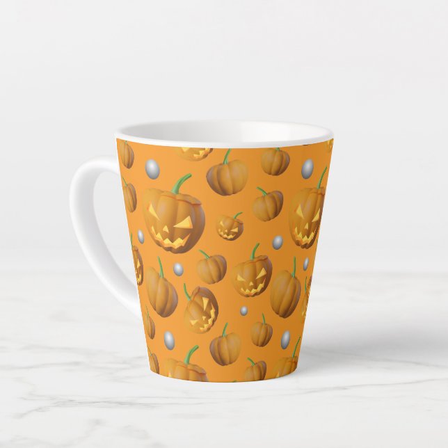 Spooky 3D Jack O'Lantern & Pumpkin Pattern Latte Mug (Left Angle)