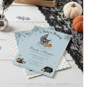 Spooky A Baby is Brewing Blue Fall Baby Shower Invitation