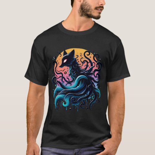 Spooky Abstract Art Demon Fox With Tentacles T_Shirt