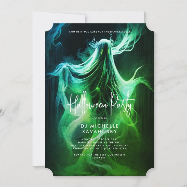 Spooky Adult Halloween Party Green Ghost  Invitation (Front)