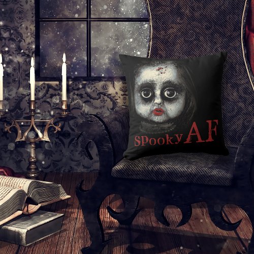 Spooky AF Creepy Goth Doll Face Halloween Throw Pillow