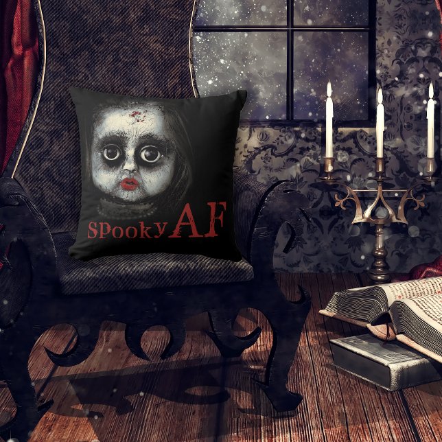 Spooky AF Creepy Goth Doll Face Halloween Throw Pillow (A fun accent for your Halloween party decor.)