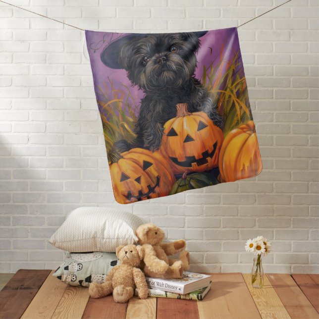 Spooky Affenpinscher Halloween Witch and Pumpkin Baby Blanket (In Situ)
