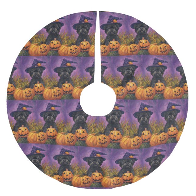 Spooky Affenpinscher Halloween Witch and Pumpkin Brushed Polyester Tree Skirt (Front)