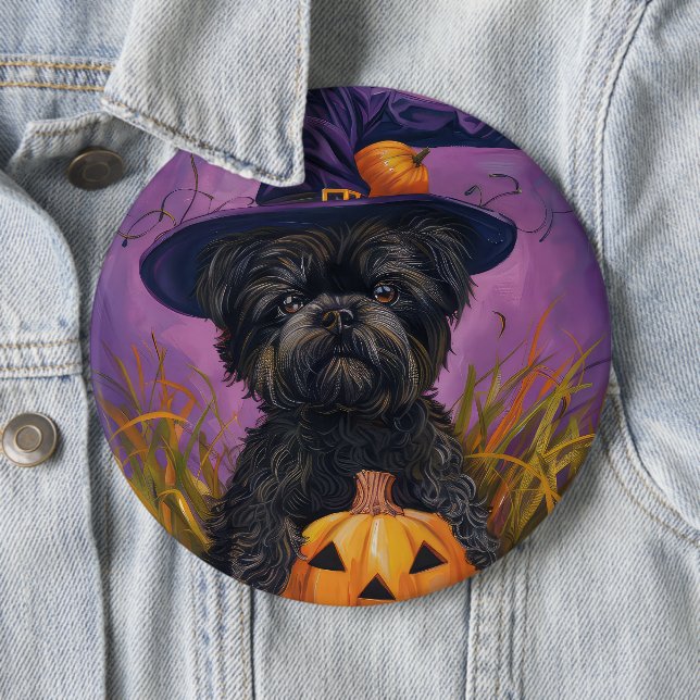 Spooky Affenpinscher Halloween Witch and Pumpkin Button (In Situ)