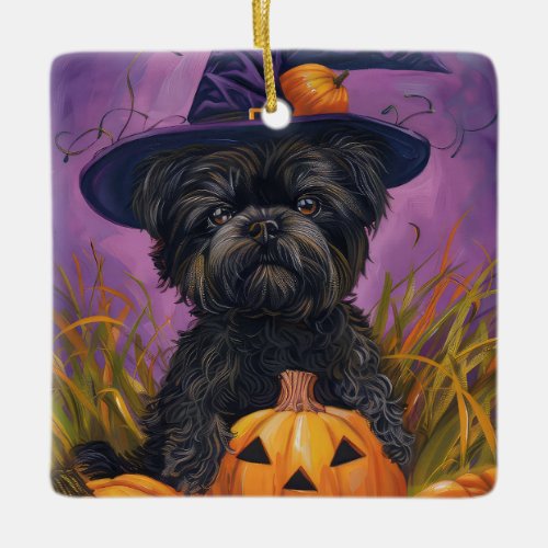 Spooky Affenpinscher Halloween Witch and Pumpkin Ceramic Ornament