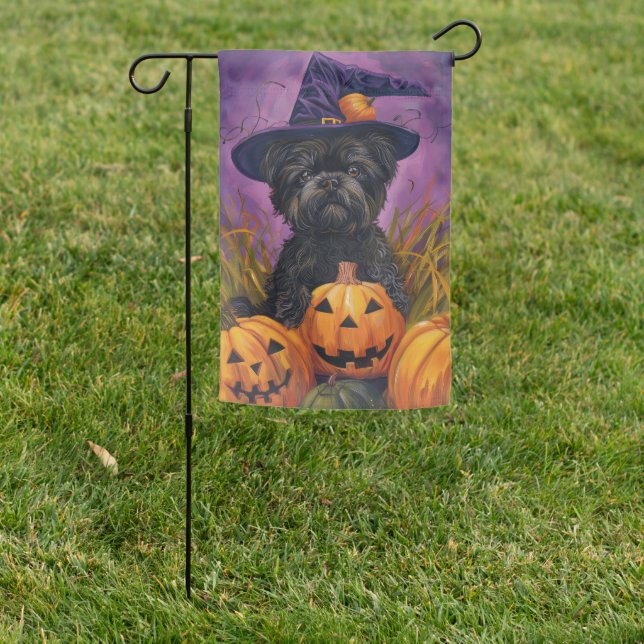 Spooky Affenpinscher Halloween Witch and Pumpkin Garden Flag (In SItu)