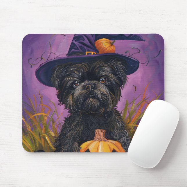 Spooky Affenpinscher Halloween Witch and Pumpkin Mouse Pad (With Mouse)