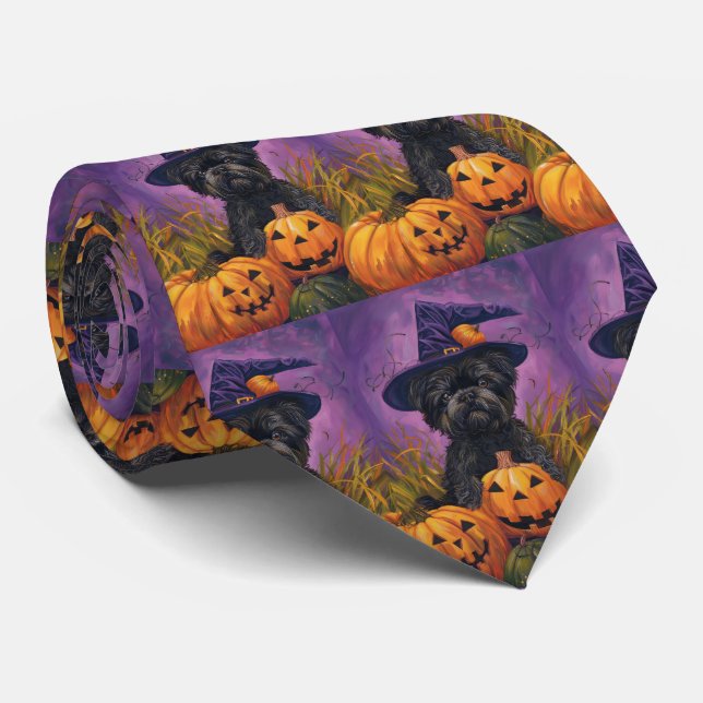 Spooky Affenpinscher Halloween Witch and Pumpkin Neck Tie (Rolled)