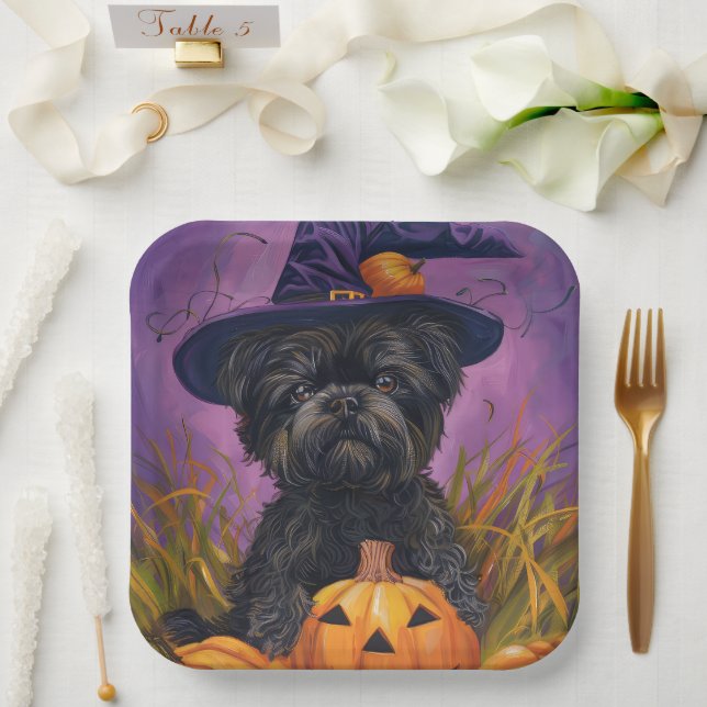Spooky Affenpinscher Halloween Witch and Pumpkin Paper Plates (Wedding)