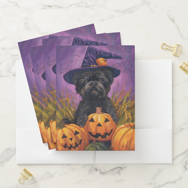 Spooky Affenpinscher Halloween Witch and Pumpkin Pocket Folder (In Situ)