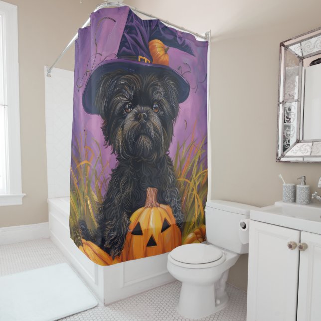 Spooky Affenpinscher Halloween Witch and Pumpkin Shower Curtain (In Situ)