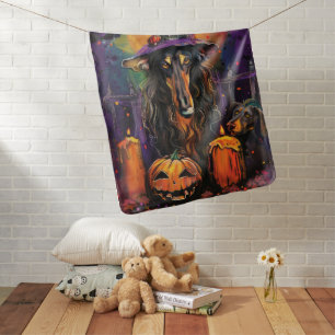 Spooky Afghan Hound Halloween Witch and Pumpkin Baby Blanket