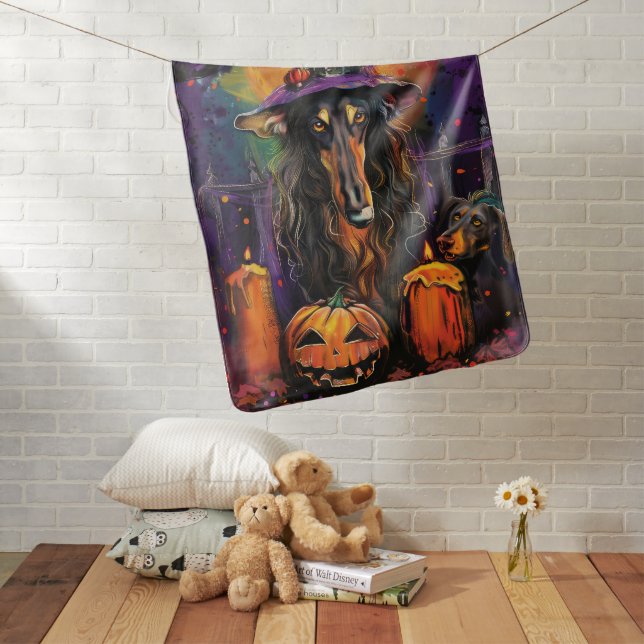Spooky Afghan Hound Halloween Witch and Pumpkin Baby Blanket (In Situ)