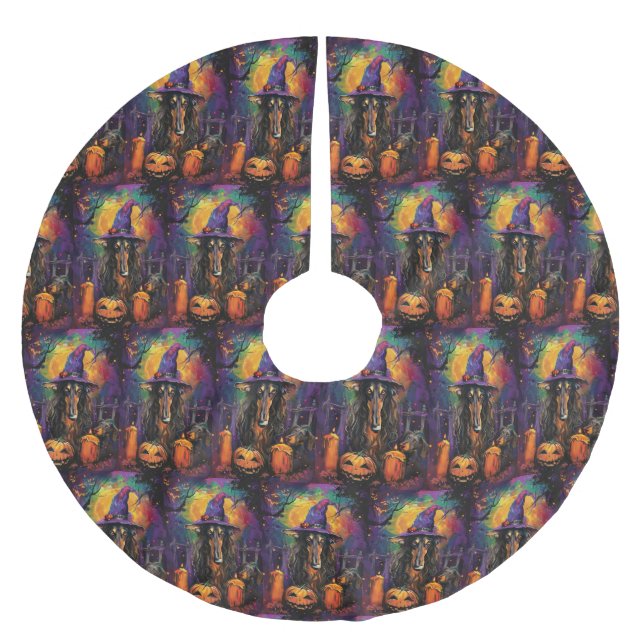 Spooky Afghan Hound Halloween Witch and Pumpkin Brushed Polyester Tree Skirt (Front)