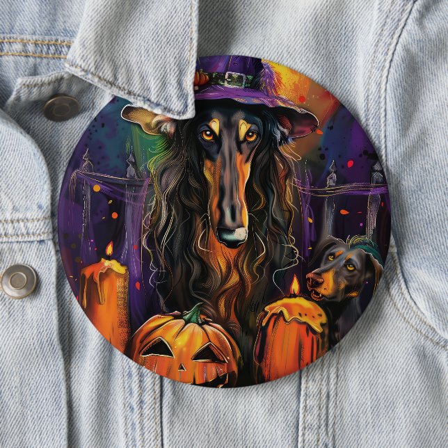 Spooky Afghan Hound Halloween Witch and Pumpkin Button (In Situ)