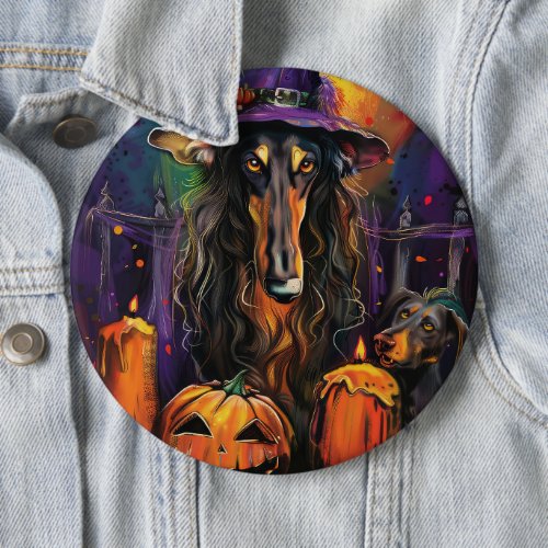 Spooky Afghan Hound Halloween Witch and Pumpkin Button