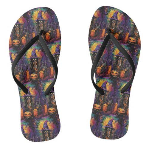 Spooky Afghan Hound Halloween Witch and Pumpkin Flip Flops