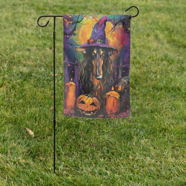 Spooky Afghan Hound Halloween Witch and Pumpkin Garden Flag (In SItu)