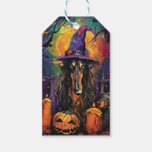 Spooky Afghan Hound Halloween Witch and Pumpkin Gift Tags
