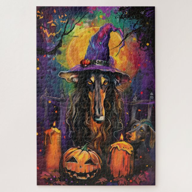 Spooky Afghan Hound Halloween Witch and Pumpkin Jigsaw Puzzle (Vertical)