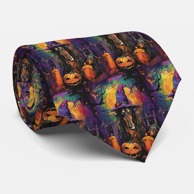 Spooky Afghan Hound Halloween Witch and Pumpkin Neck Tie (Rolled)